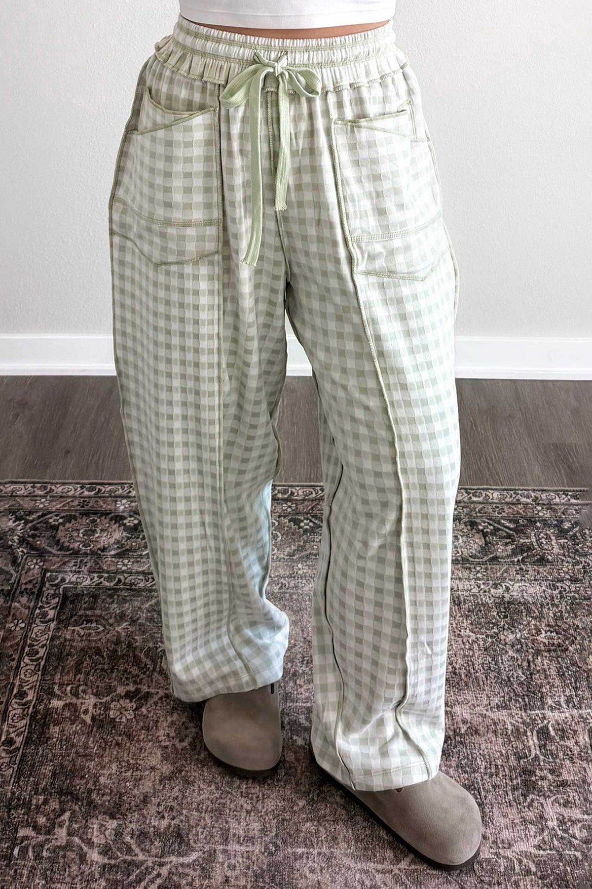 Brown Plaid Contrast Trim Drawstring Elastic Waist Shift Pants