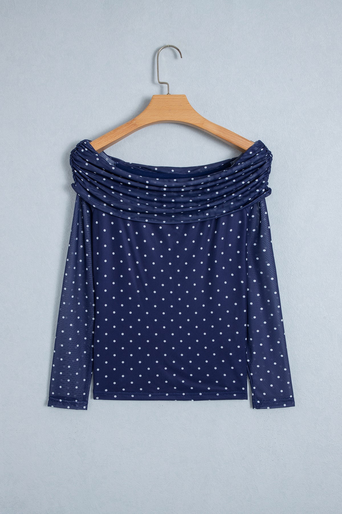 Blue Off Shoulder Polka Dot Mesh Long Sleeve Sheath Top