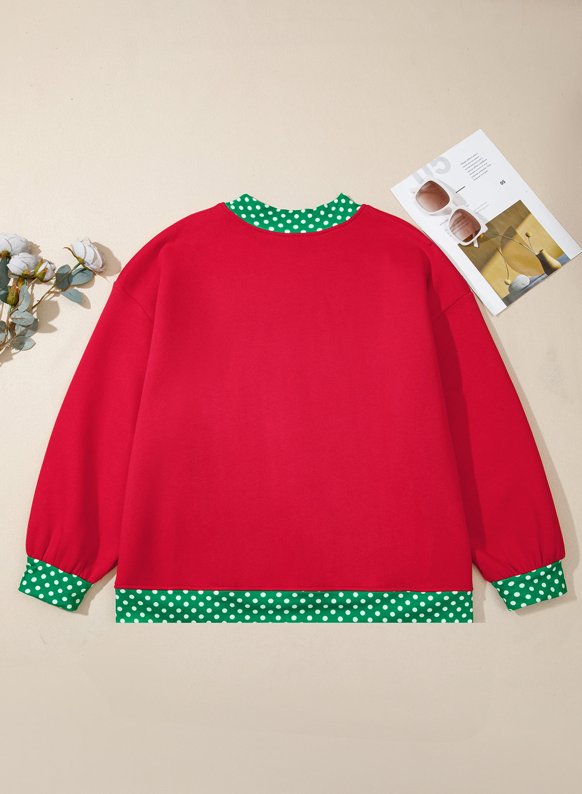 Racing Red Polka Dot Patchwork Round Neck Plus Size Sweatshirt