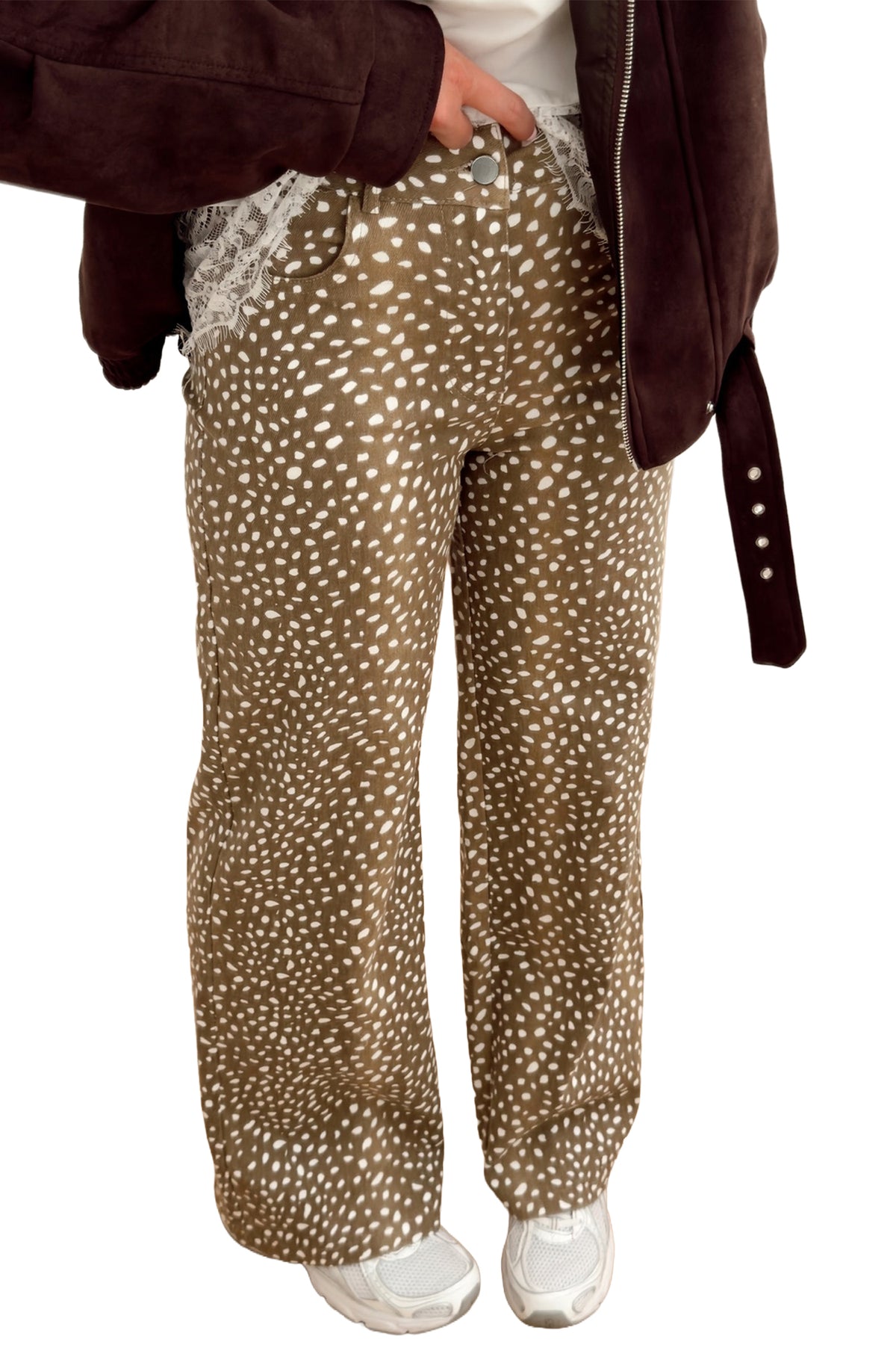 Brown Cheetah Print Pocketed Casual Shift Jeans