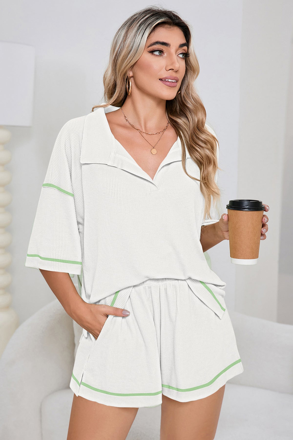 White Breathable Waffle Color Block Trim 2pcs Casual Short Set