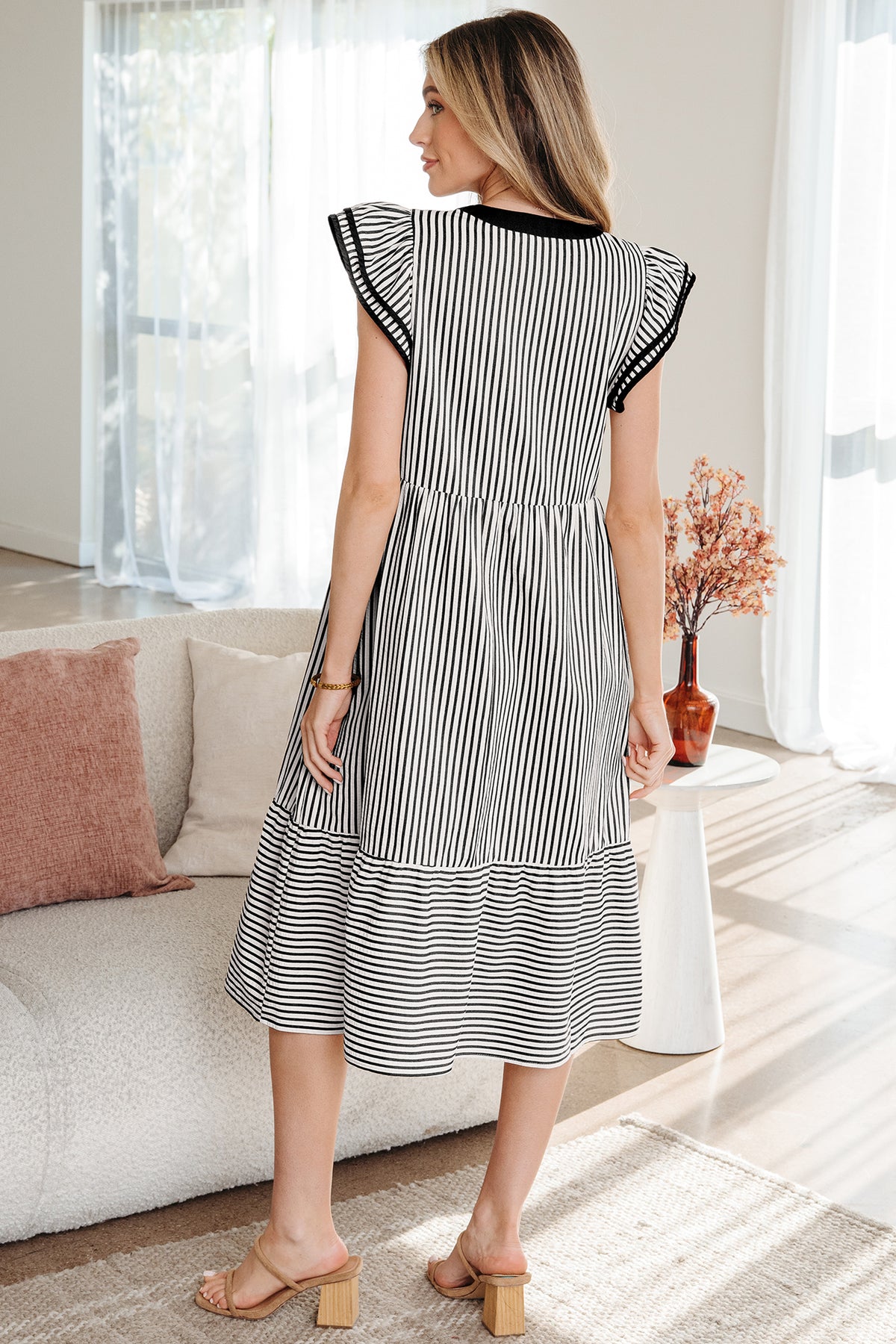 Brown Stripe Double Ruffled Short Sleeve Contrast Trim V Neck Midi Dress