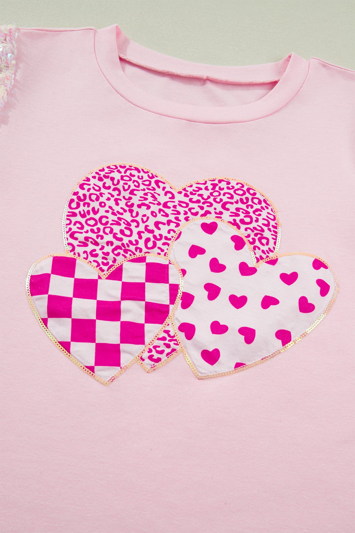 Light Pink Three Sweet Hearts Printed Sequin Trim Contrast Sleeve Patchwork Tee