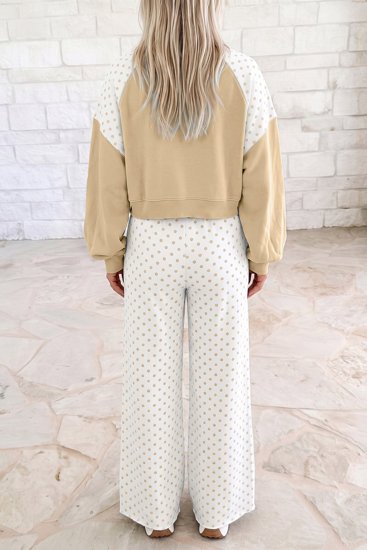 Light Blue Polka Dot Patchwork Colorblock Long Sleeve Casual Two Piece Pants Set