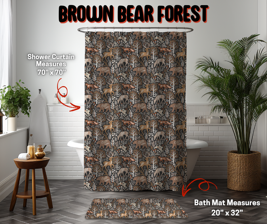 Preorder Custom Shower Curtain / Bath Mat - Brown Bear Forest - Closes 8 Sep - ETA early Jan 2026