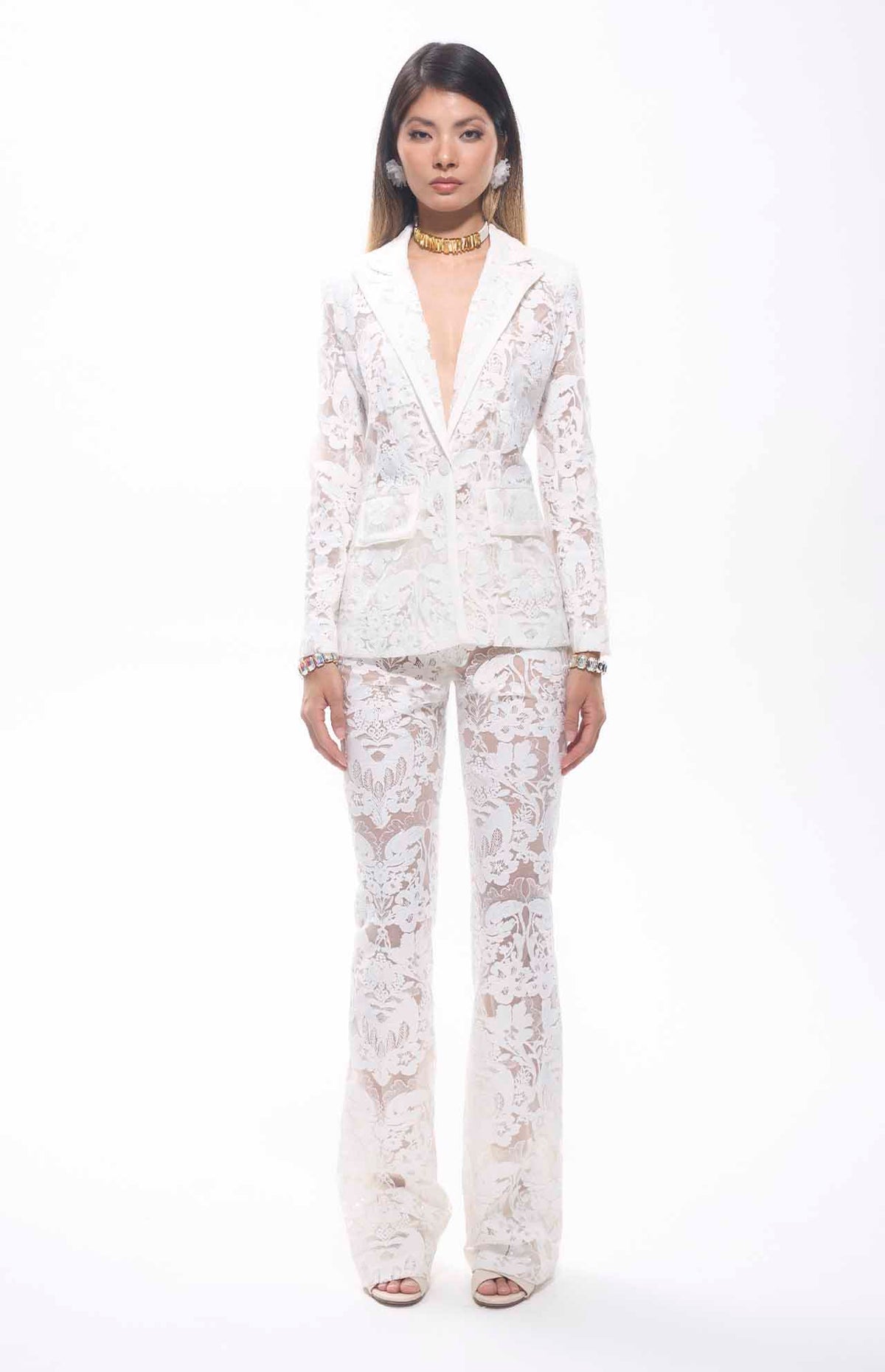 Carie Sequin Floral Lace Set White