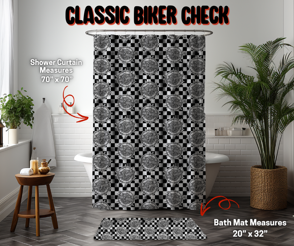 Preorder Custom Shower Curtain / Bath Mat - Classic Biker Check - Closes 8 Sep - ETA early Jan 2026
