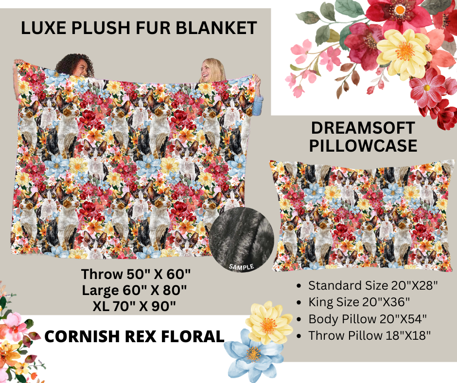 Preorder Custom Blankets / Pillowcases - Cornish Rex Floral - Closes 24 Feb - ETA early Jun 2025