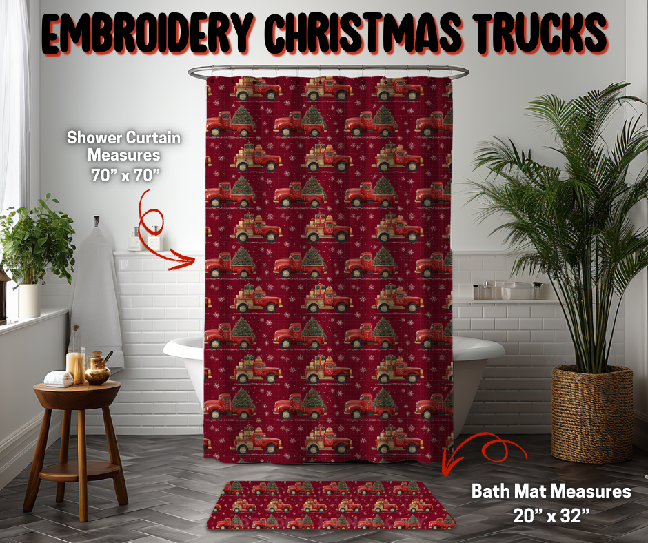 Preorder Custom Shower Curtain / Bath Mat - Embroidery Christmas Trucks - Closes 8 Sep - ETA early Jan 2026