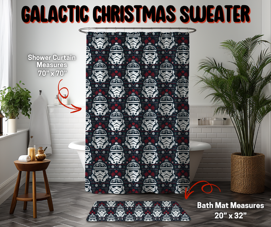 Preorder Custom Shower Curtain / Bath Mat - Galactic Christmas Sweater - Closes 8 Sep - ETA early Jan 2026