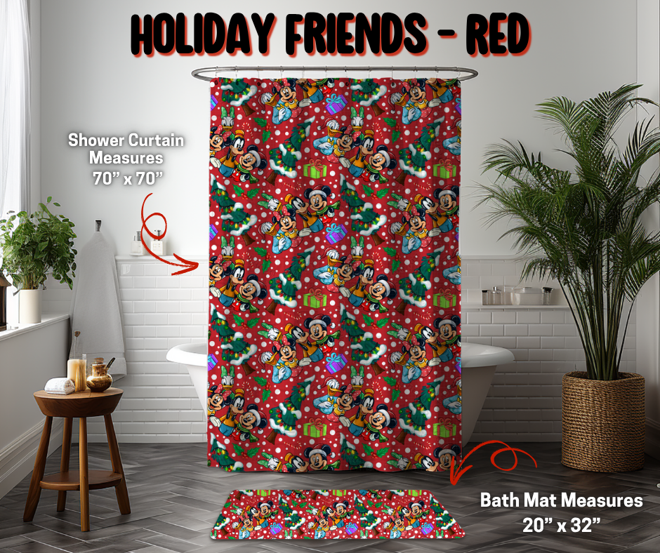 Preorder Custom Shower Curtain / Bath Mat - Holiday Friends - Red - Closes 8 Sep - ETA early Jan 2026