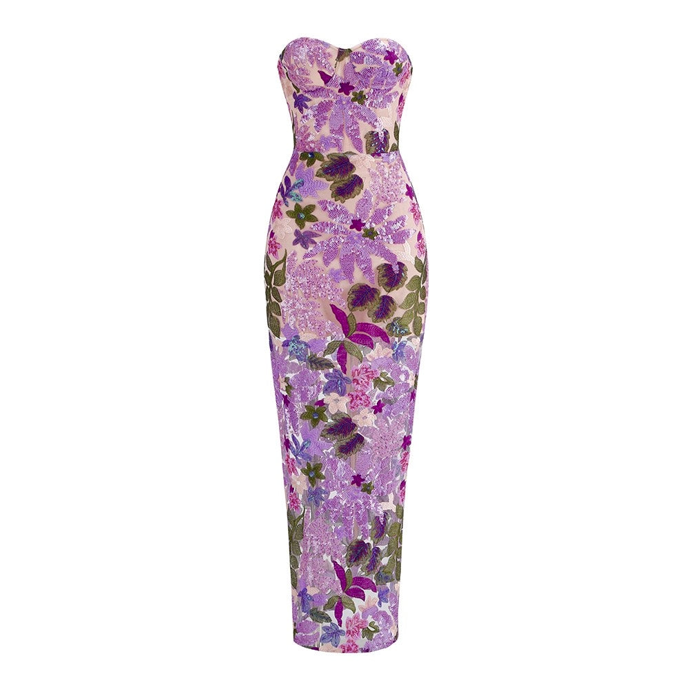 Purple Floral Sequin Midi Dress