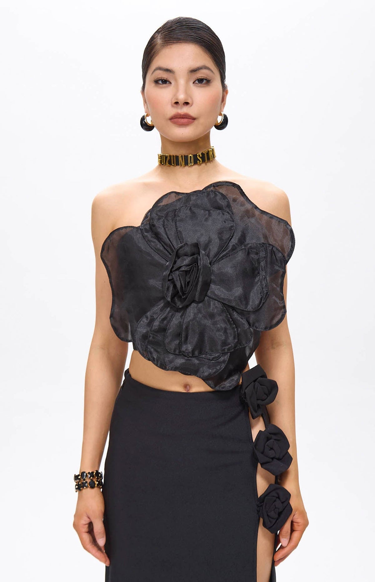 Lila Black Flower Decor Strapless Top