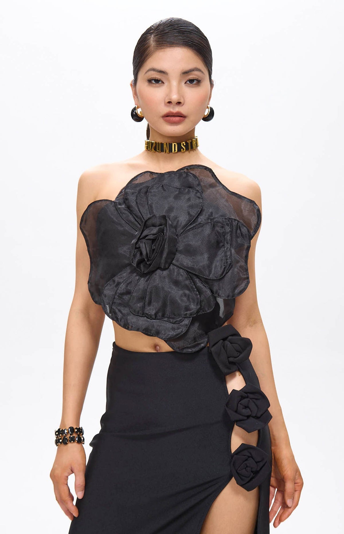 Lila Black Flower Decor Strapless Top