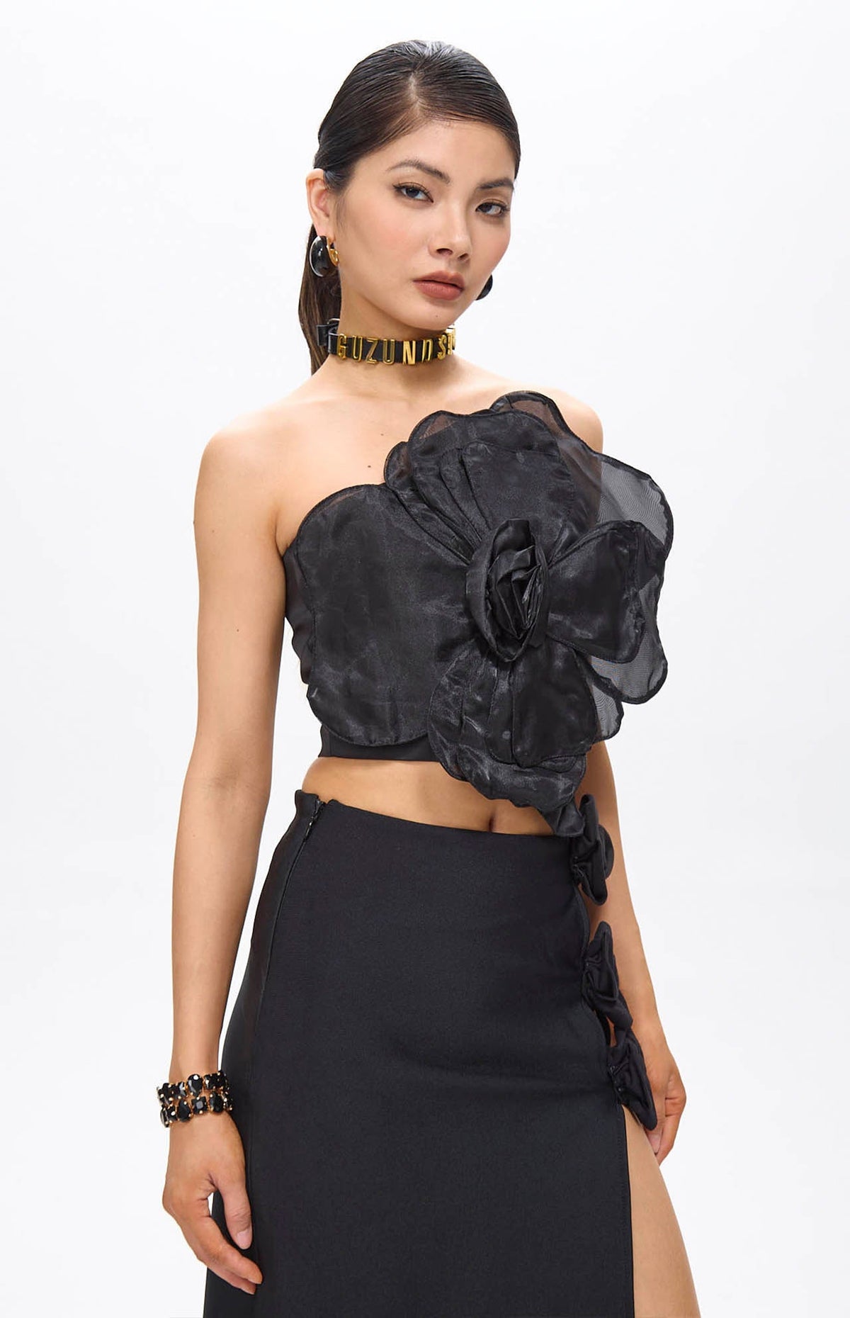 Lila Black Flower Decor Strapless Top