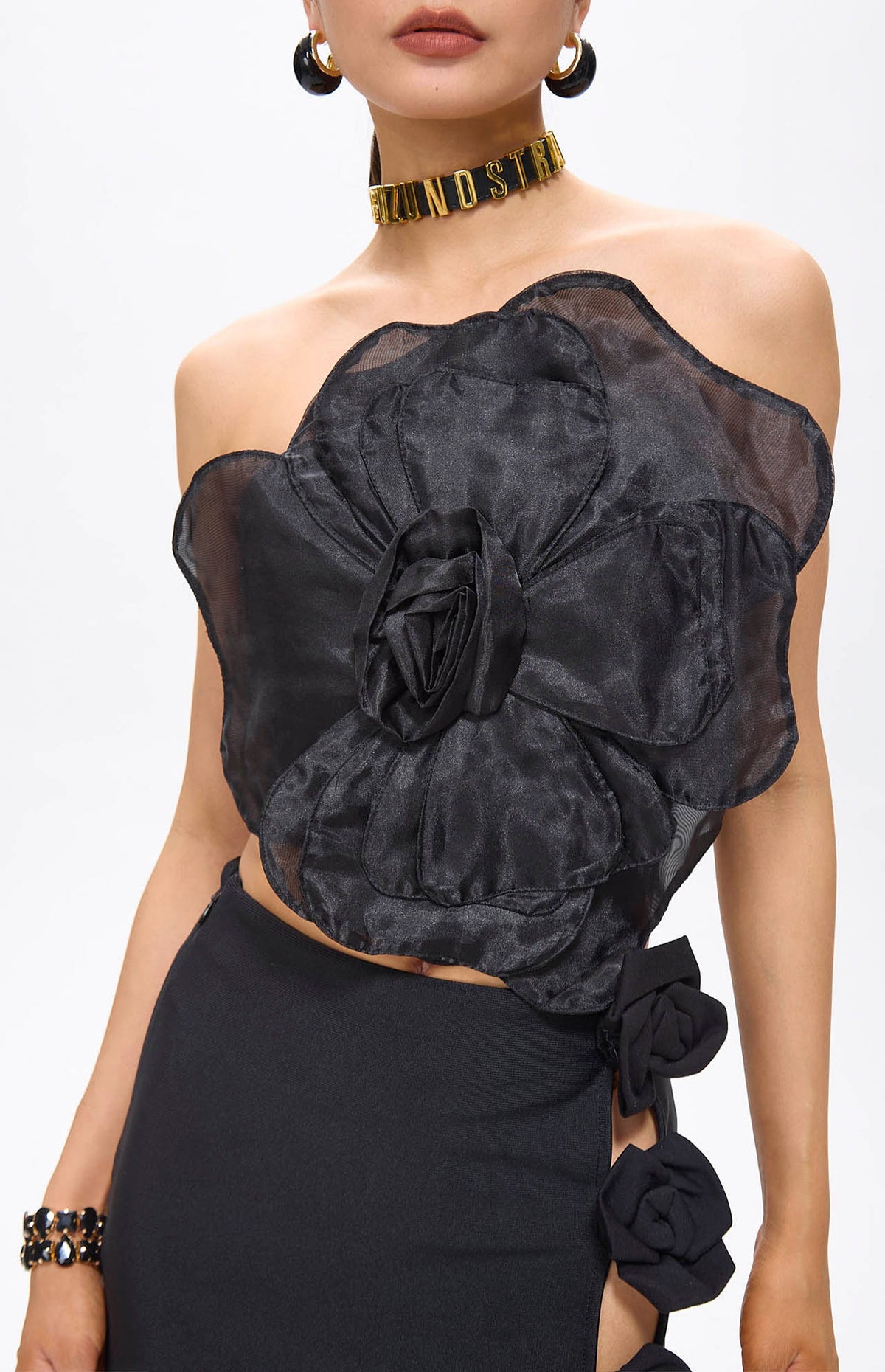 Lila Black Flower Decor Strapless Top