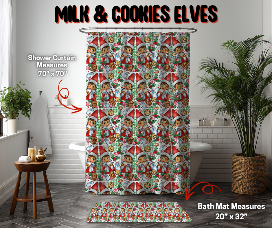 Preorder Custom Shower Curtain / Bath Mat - Milk and Cookies Elves - Closes 8 Sep - ETA early Jan 2026