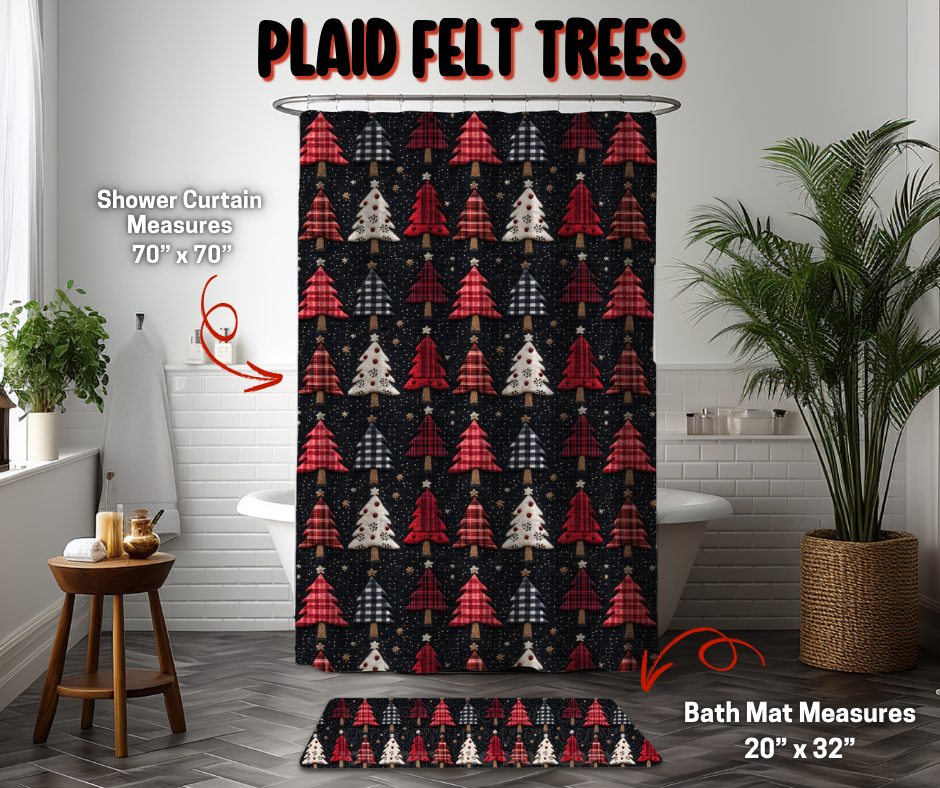 Preorder Custom Shower Curtain / Bath Mat - Plaid Felt Trees - Closes 8 Sep - ETA early Jan 2026
