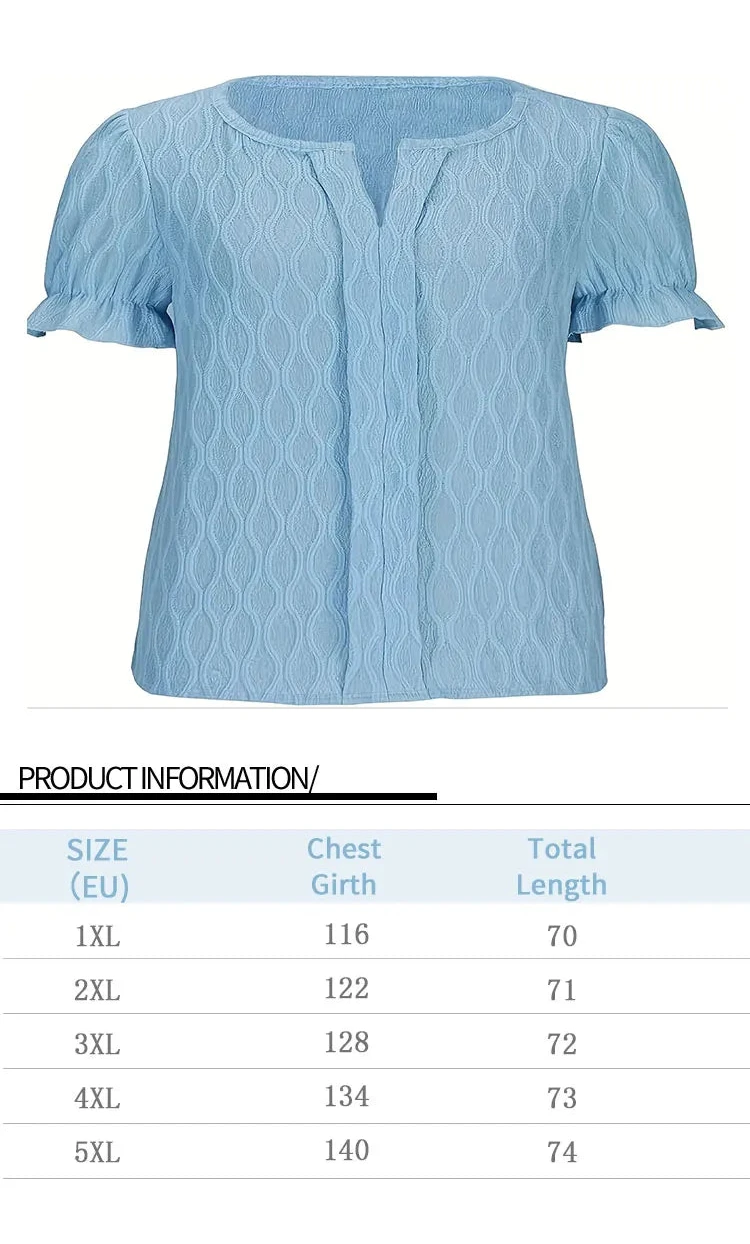 White Solid Color Textured Notched Neck Puff Sleeve Blouse