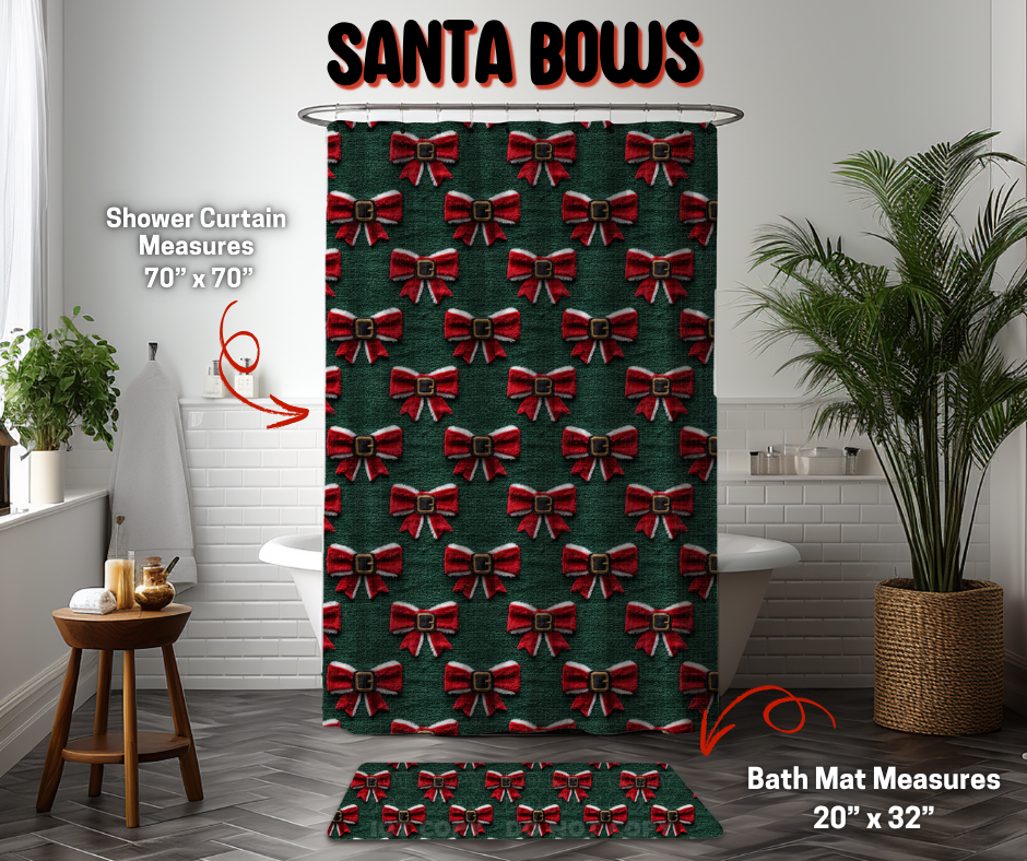 Preorder Custom Shower Curtain / Bath Mat - Santa Bows - Closes 8 Sep - ETA early Jan 2026
