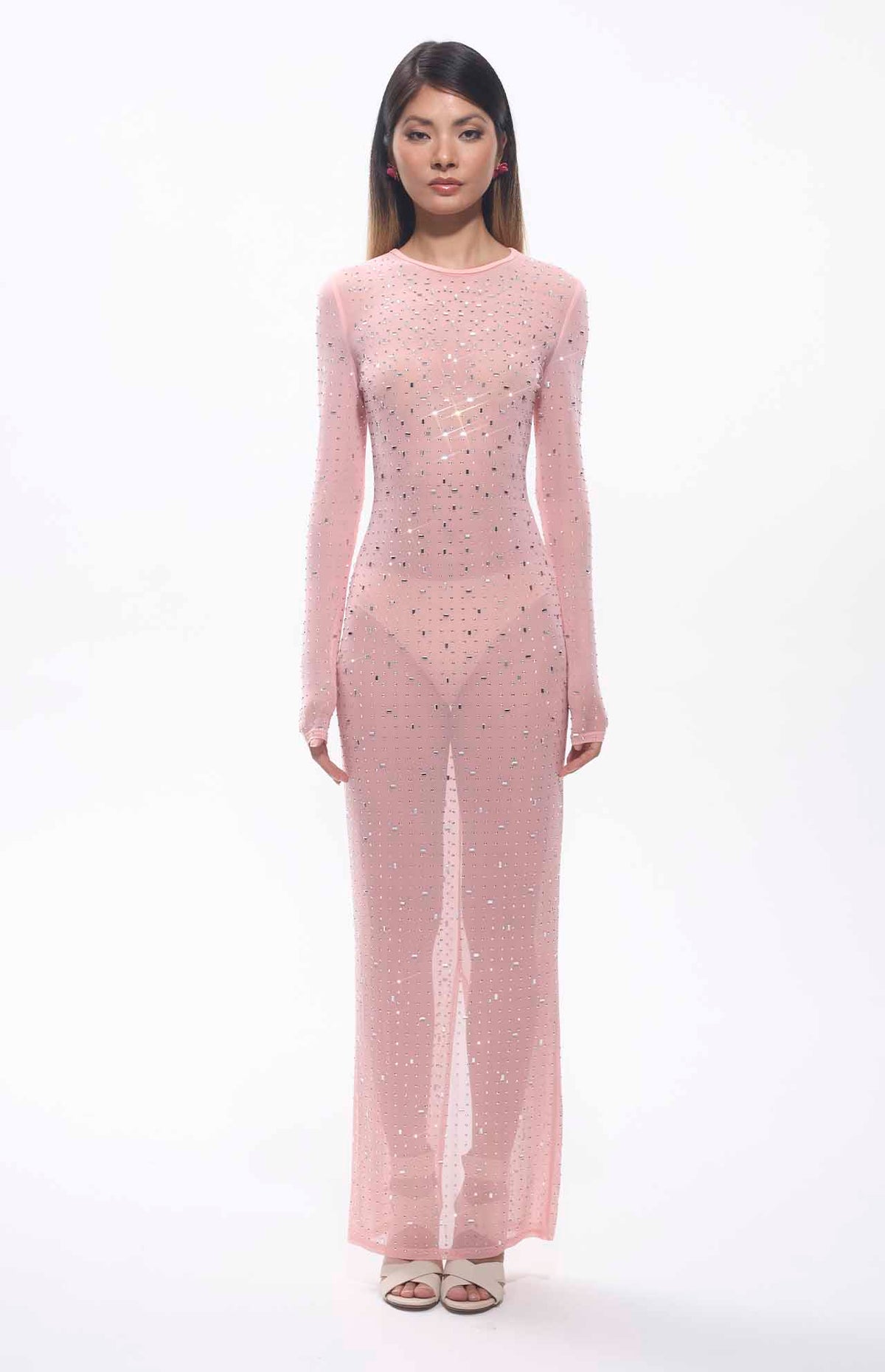 pink diamante mesh dress Hot Pink Rhinestone Draped Mesh Maxi Dress Pink / 4