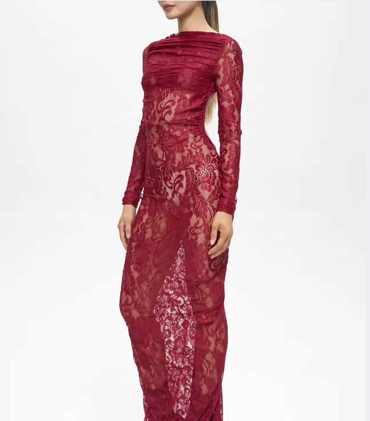 Turo Backless Floral Lace Maxi Dress Red