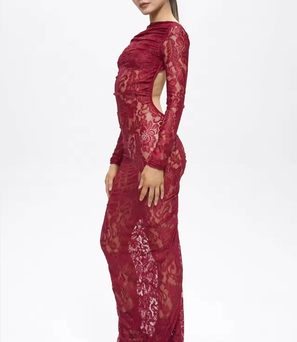 Turo Backless Floral Lace Maxi Dress Red