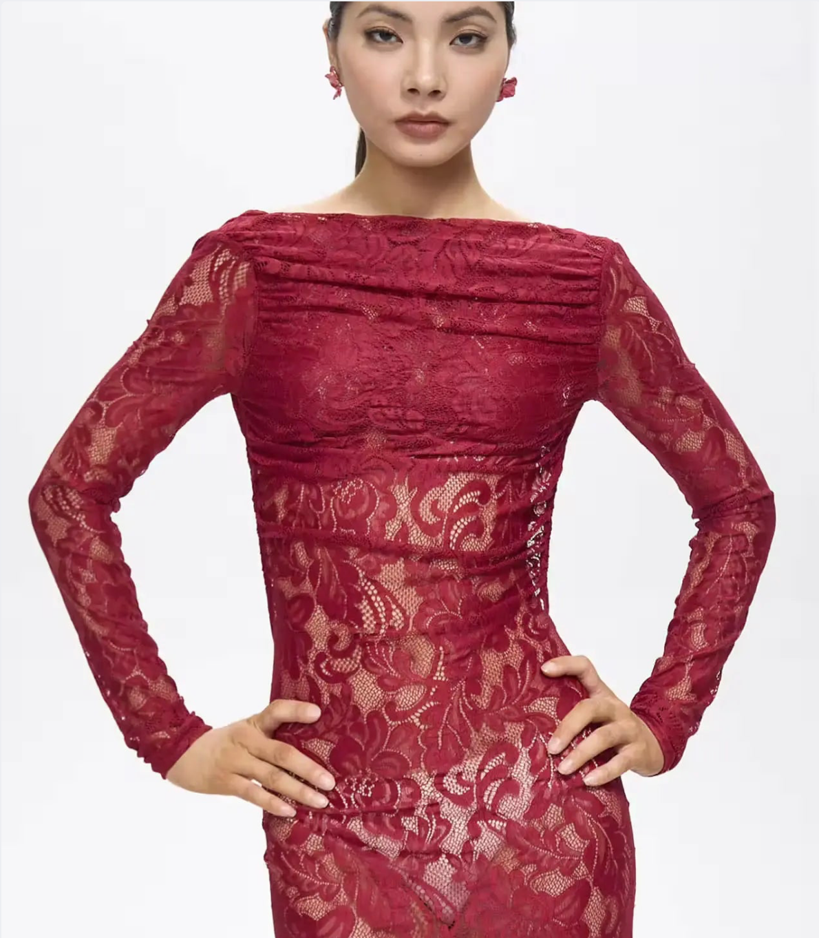 Turo Backless Floral Lace Maxi Dress Red