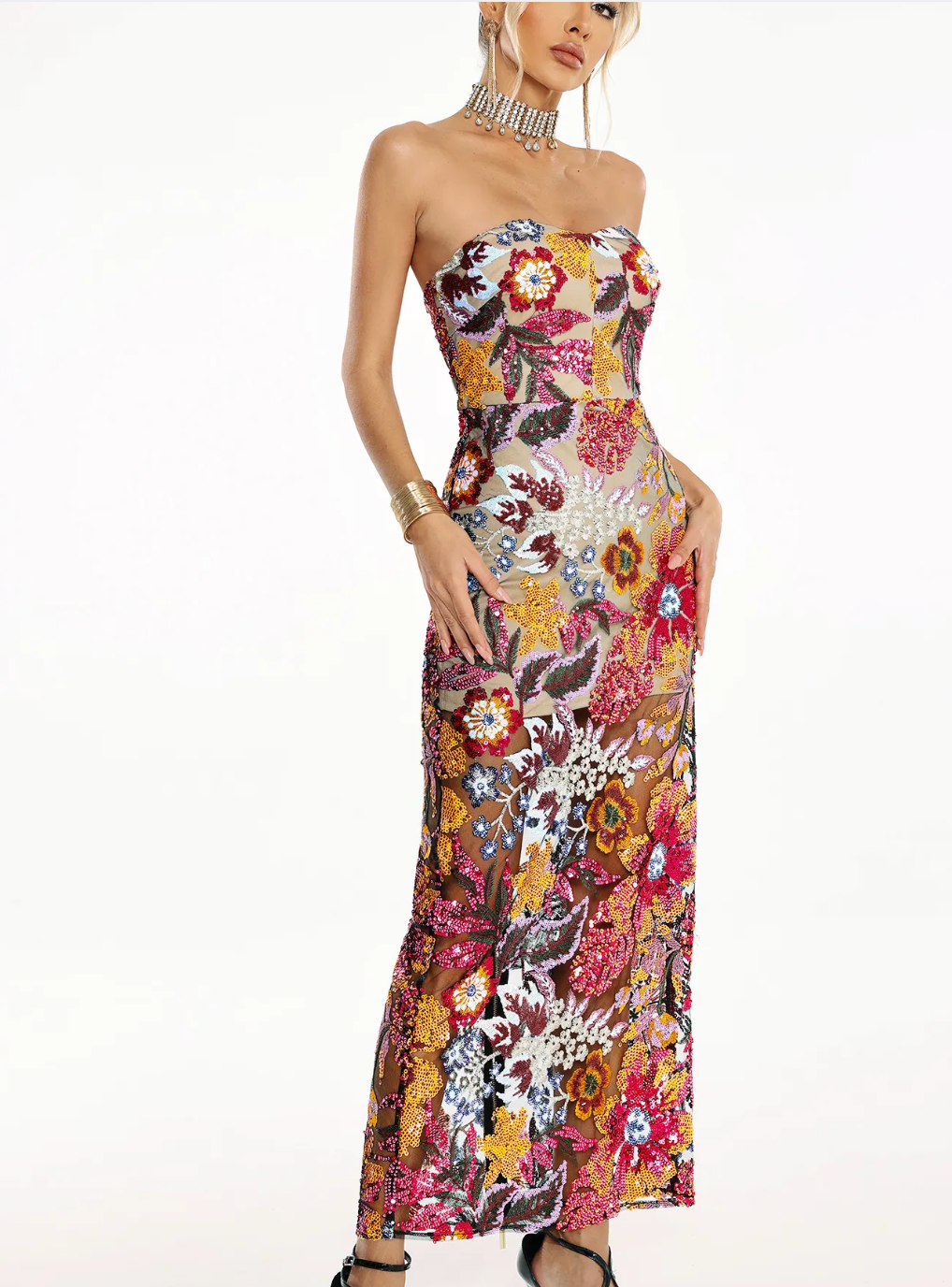 Floral Sequin Strapless Dress