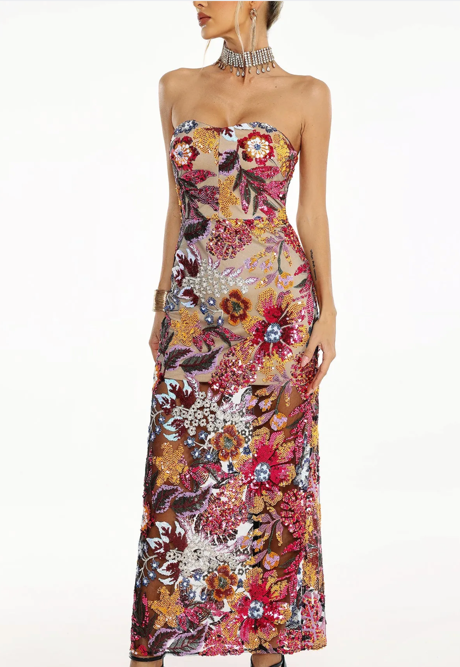 Floral Sequin Strapless Dress