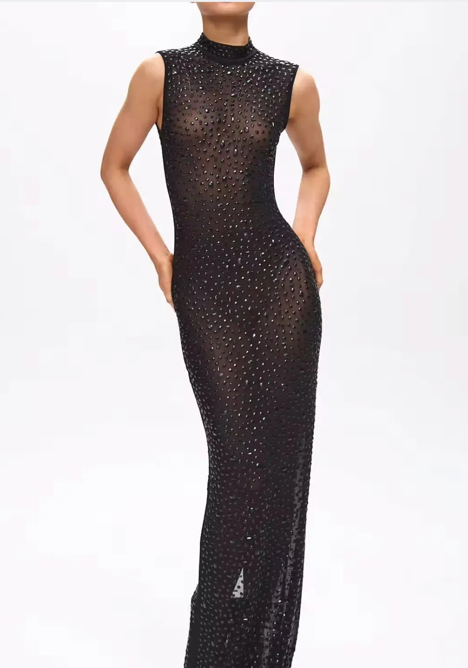 Mone Embellished Black Crystal Maxi Dress