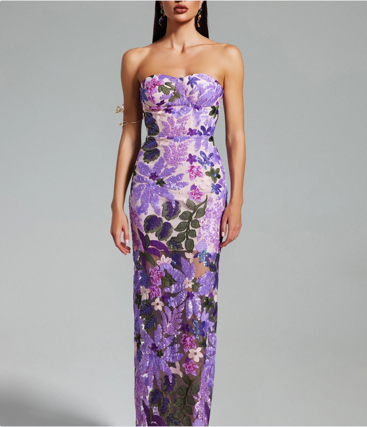 Purple Floral Sequin Midi Dress