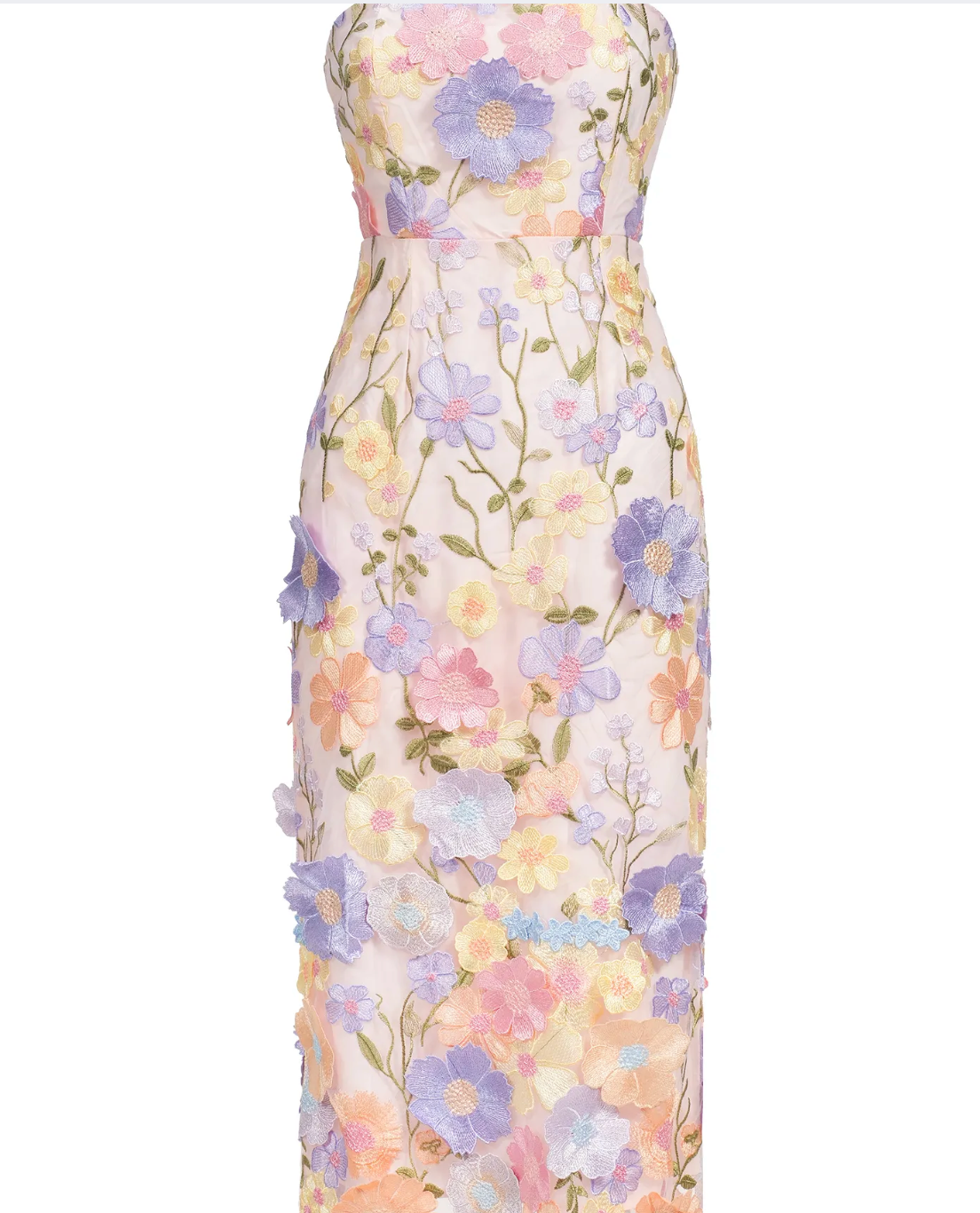 Strapless Floral Embroidery Midi Dress