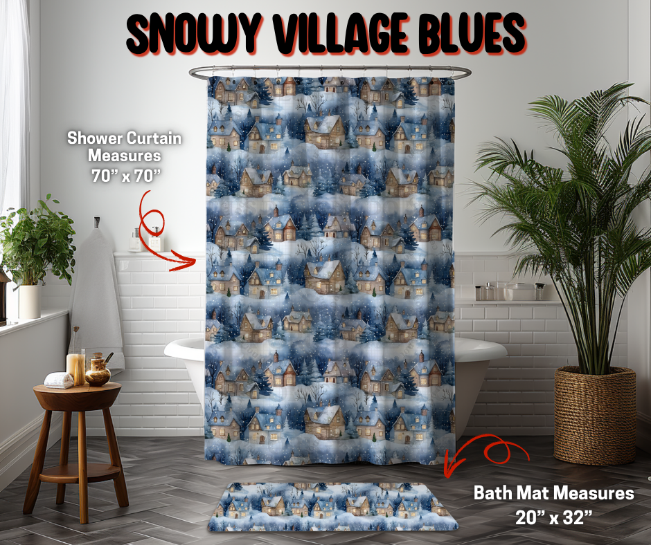 Preorder Custom Shower Curtain / Bath Mat - Snowy Village Blues - Closes 8 Sep - ETA early Jan 2026