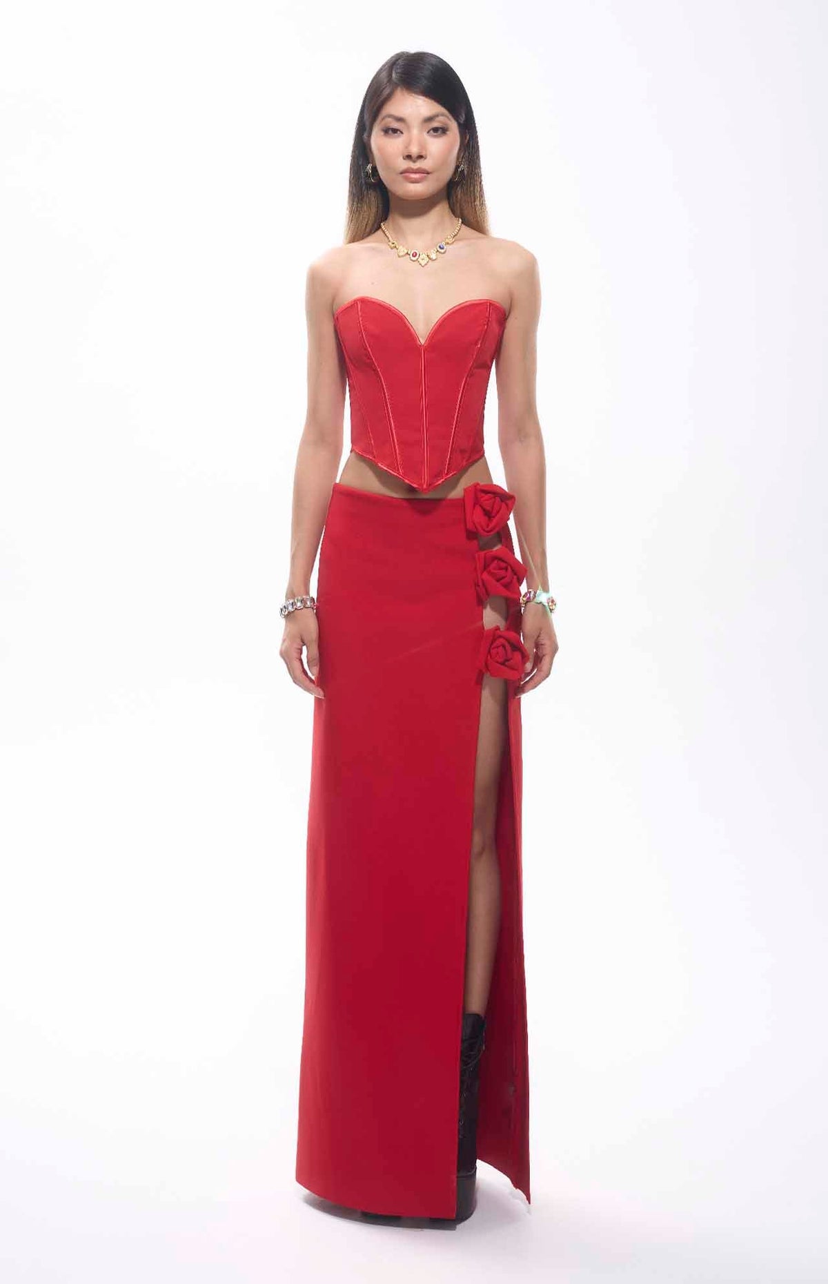 Tita Bandage Flower Decorated Maxi Skirt Red