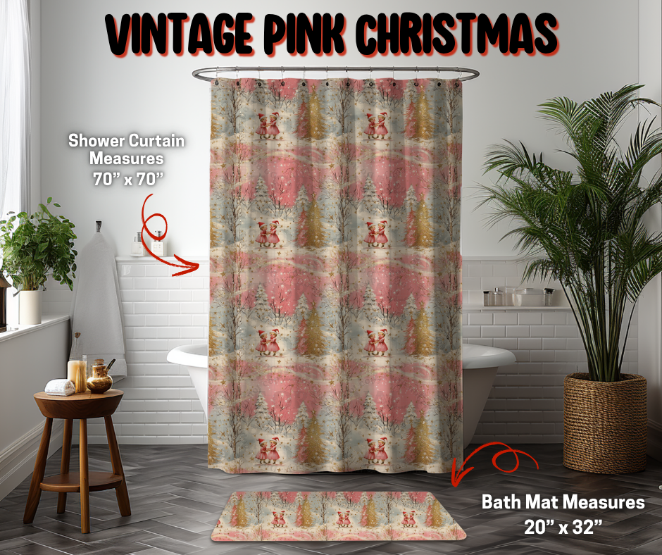Preorder Custom Shower Curtain / Bath Mat - Vintage Pink Christmas - Closes 8 Sep - ETA early Jan 2026