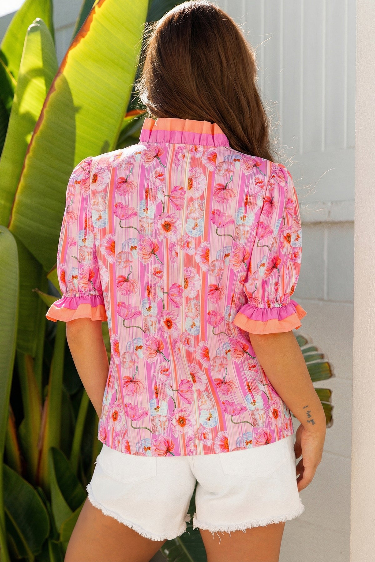 Pink Poppy Flower Striped Print Color Block Trim V Neck Short Sleeve Blouse