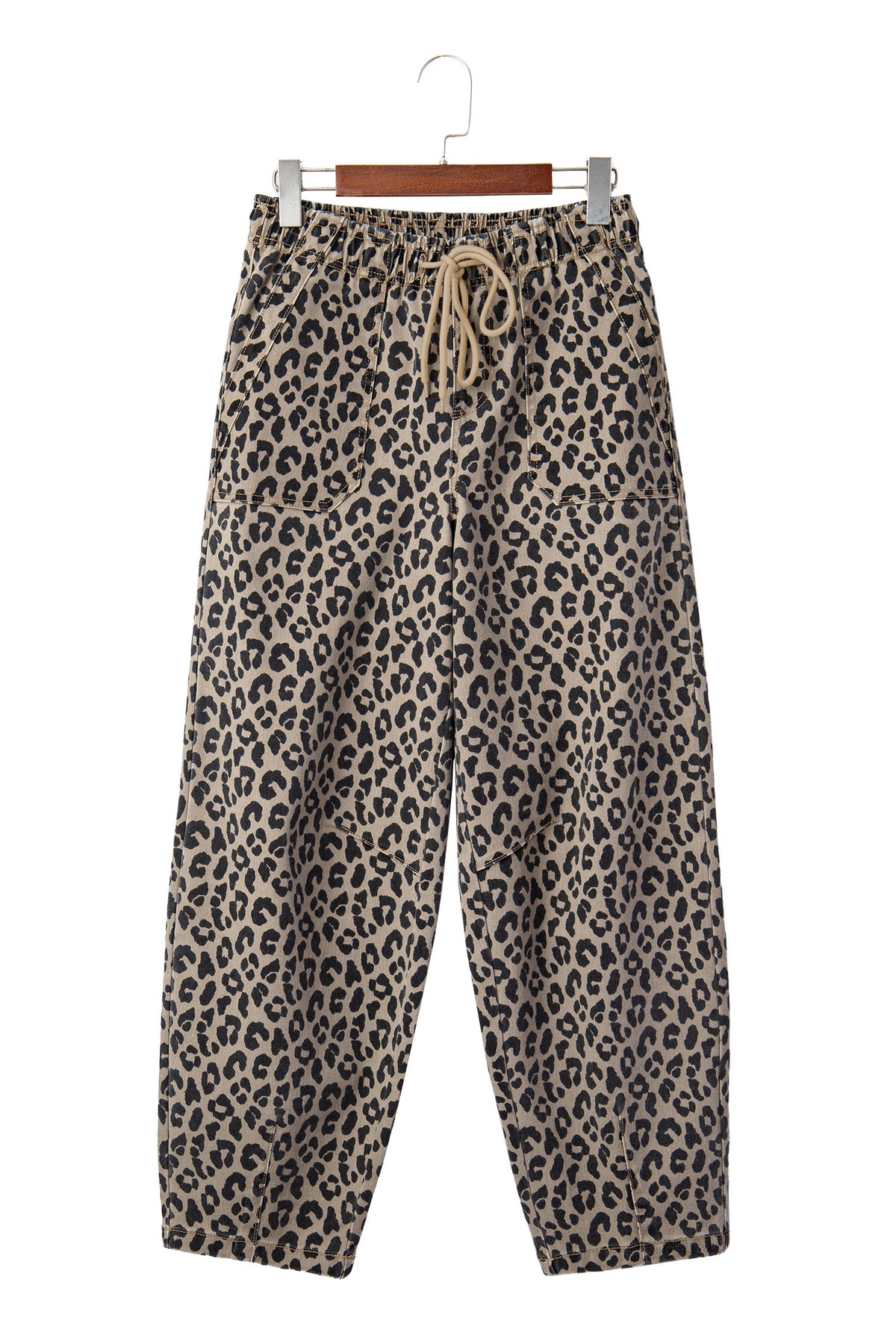 Khaki Leopard Print Drawstring Elastic Waist Loose Denim Pants with Pockets