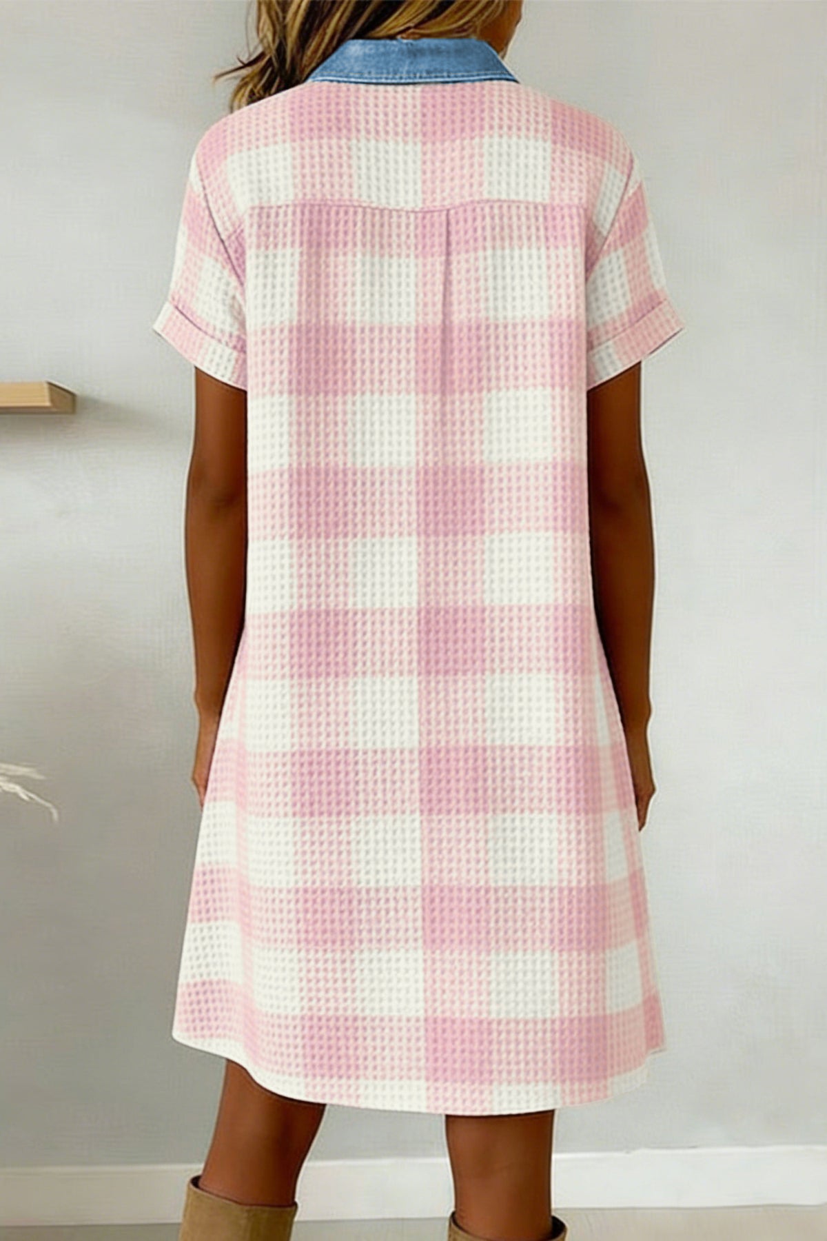 Pink Waffle Plaid Print Contrast Denim Shirt Collar Buttoned T Shirt Mini Dress
