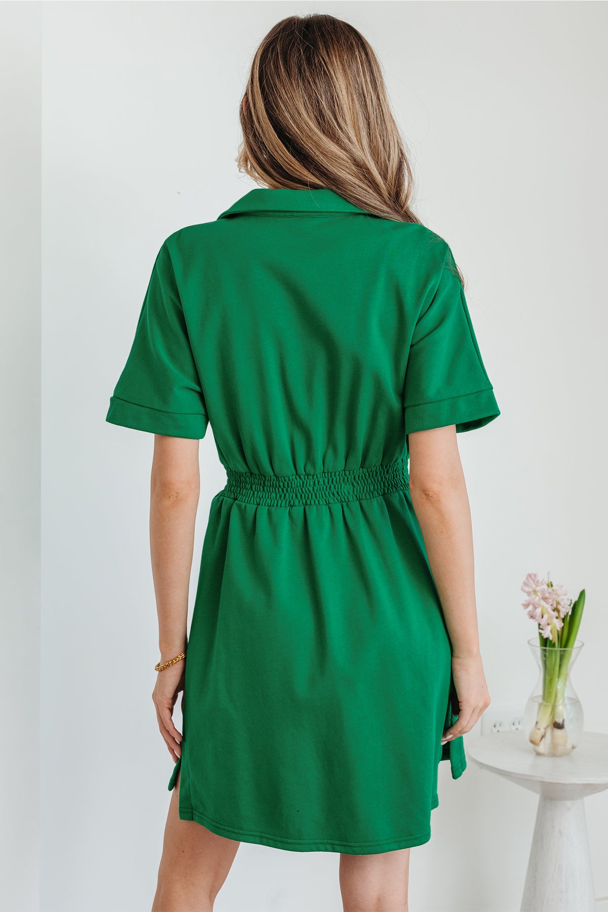 Bright Green Contrast Patchwork Half Zip Elastic Waist Short Sleeve Mini Dress
