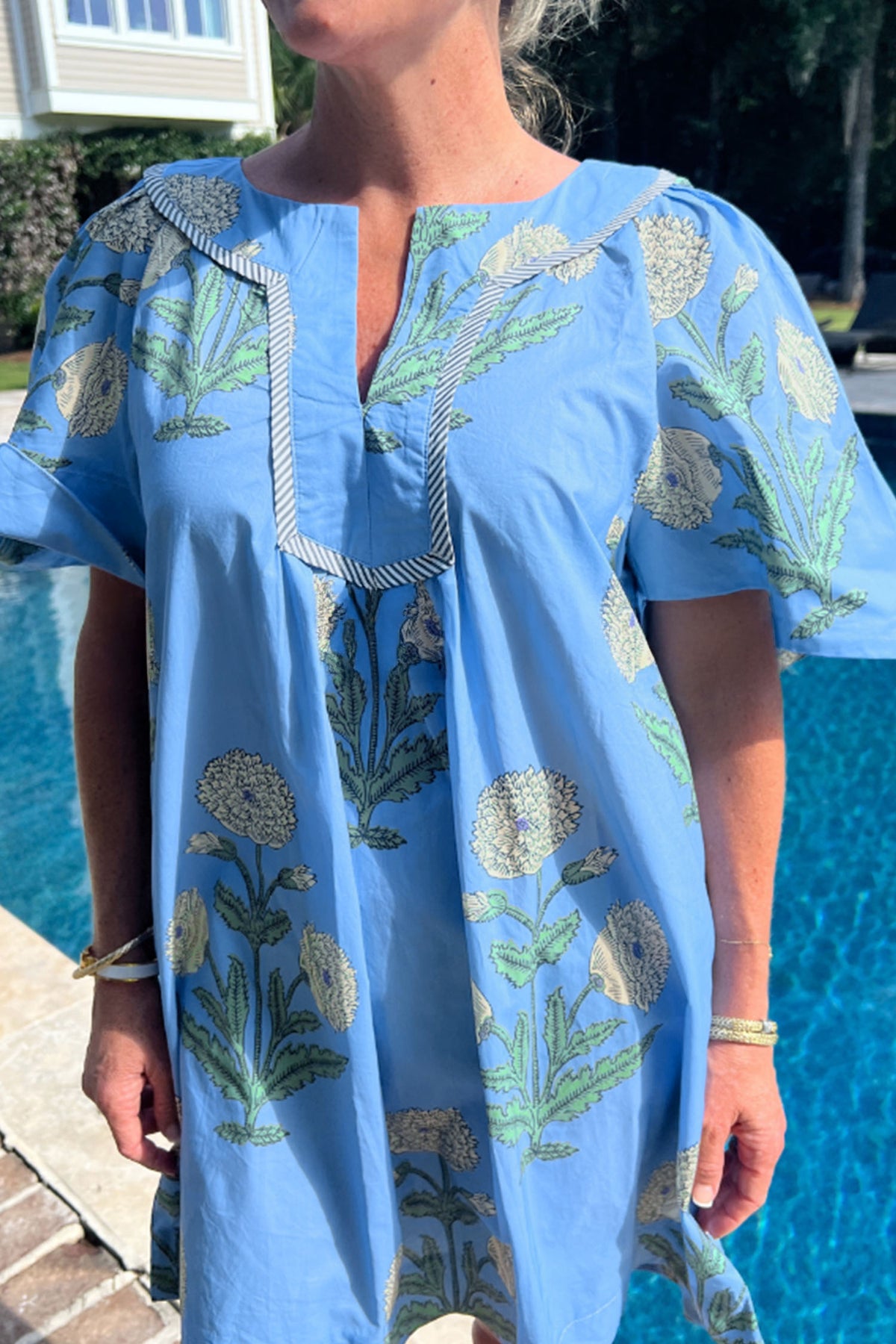 Sky Blue Plus Periwinkle Floral Printed Short Sleeve Striped Trim Split Neck Mini Dress