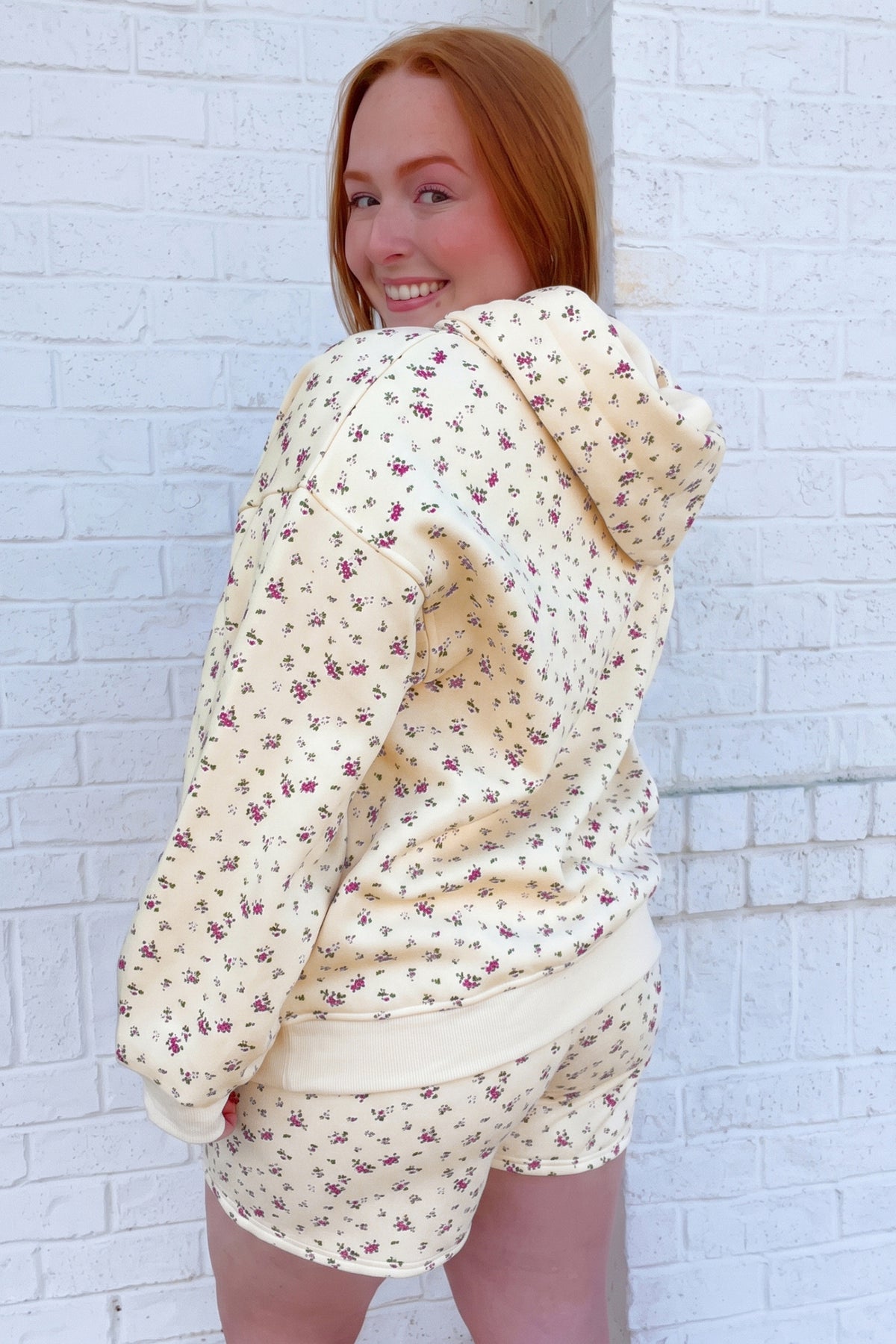 Beige Floral Print Hooded Long Sleeve Plus Size Set