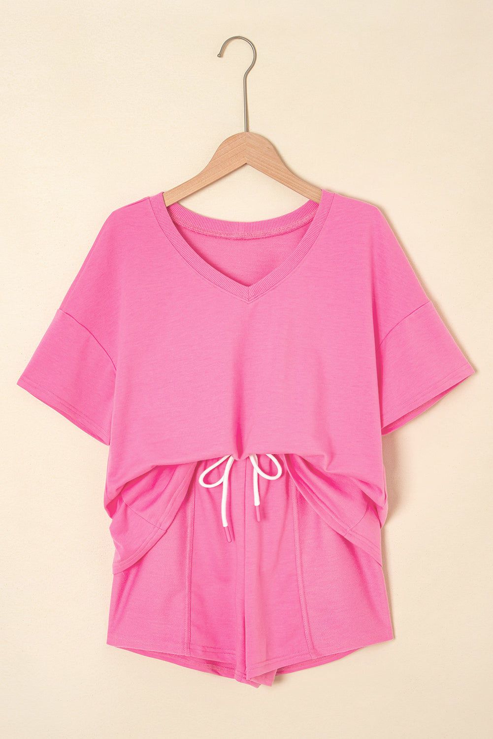 Myosotis V Neck Drop Shoulder Tee and Patchwork Drawstring Shorts Set
