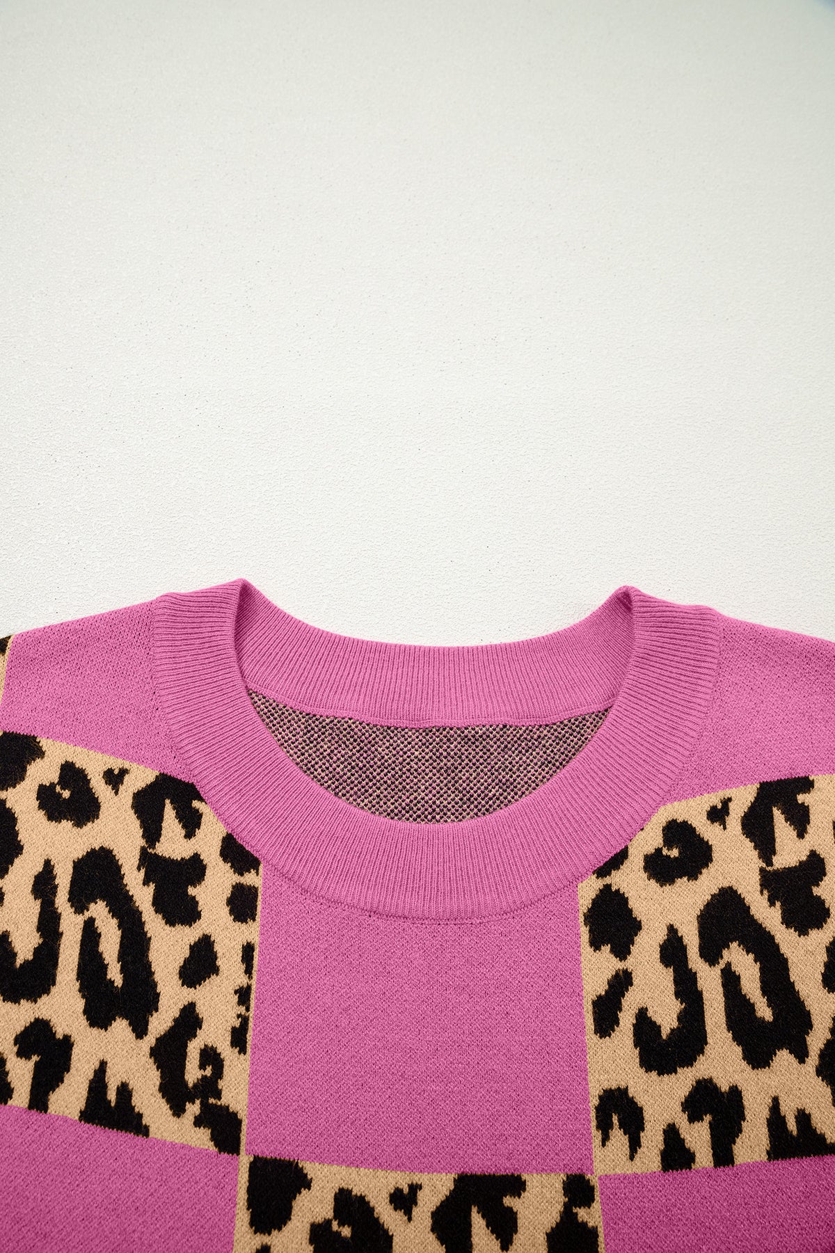 Green Leopard Checkerboard Short Sleeve Knit Sweater