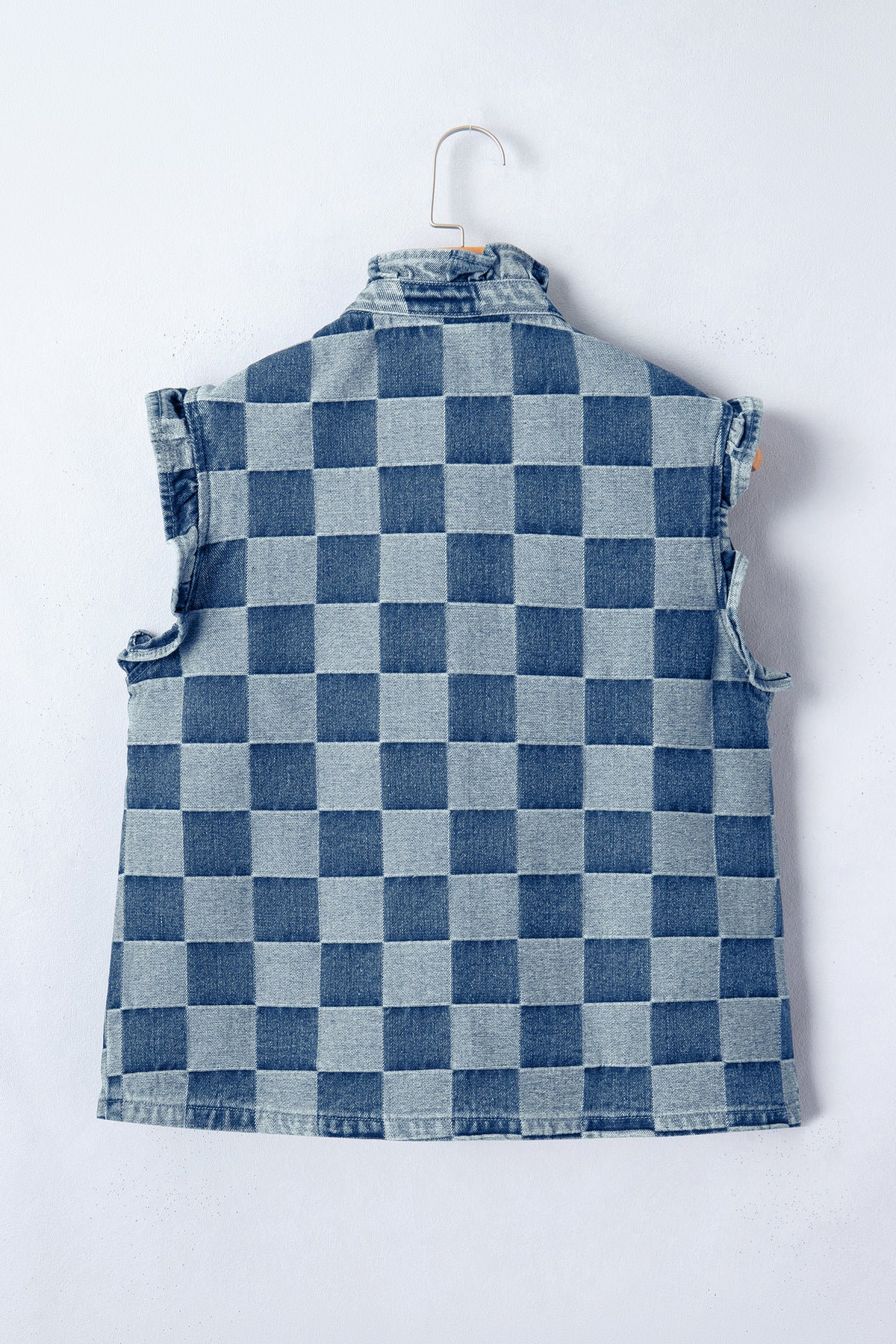 Beau Blue Checkered Ruffle Trim Button Down Denim Vest