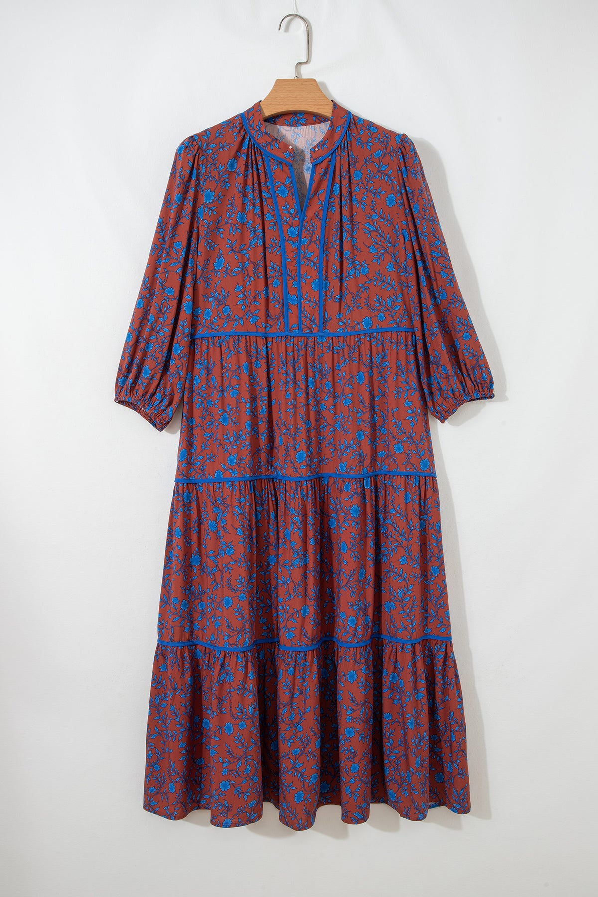 Brown 3/4 Puff Sleeve Tiered Loose Floral Dress