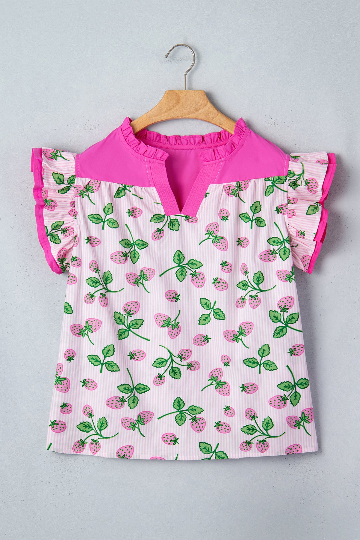 Pink Striped Strawberry Printed Color Block Patchwork V Neck Flutter Sleeve Blouse