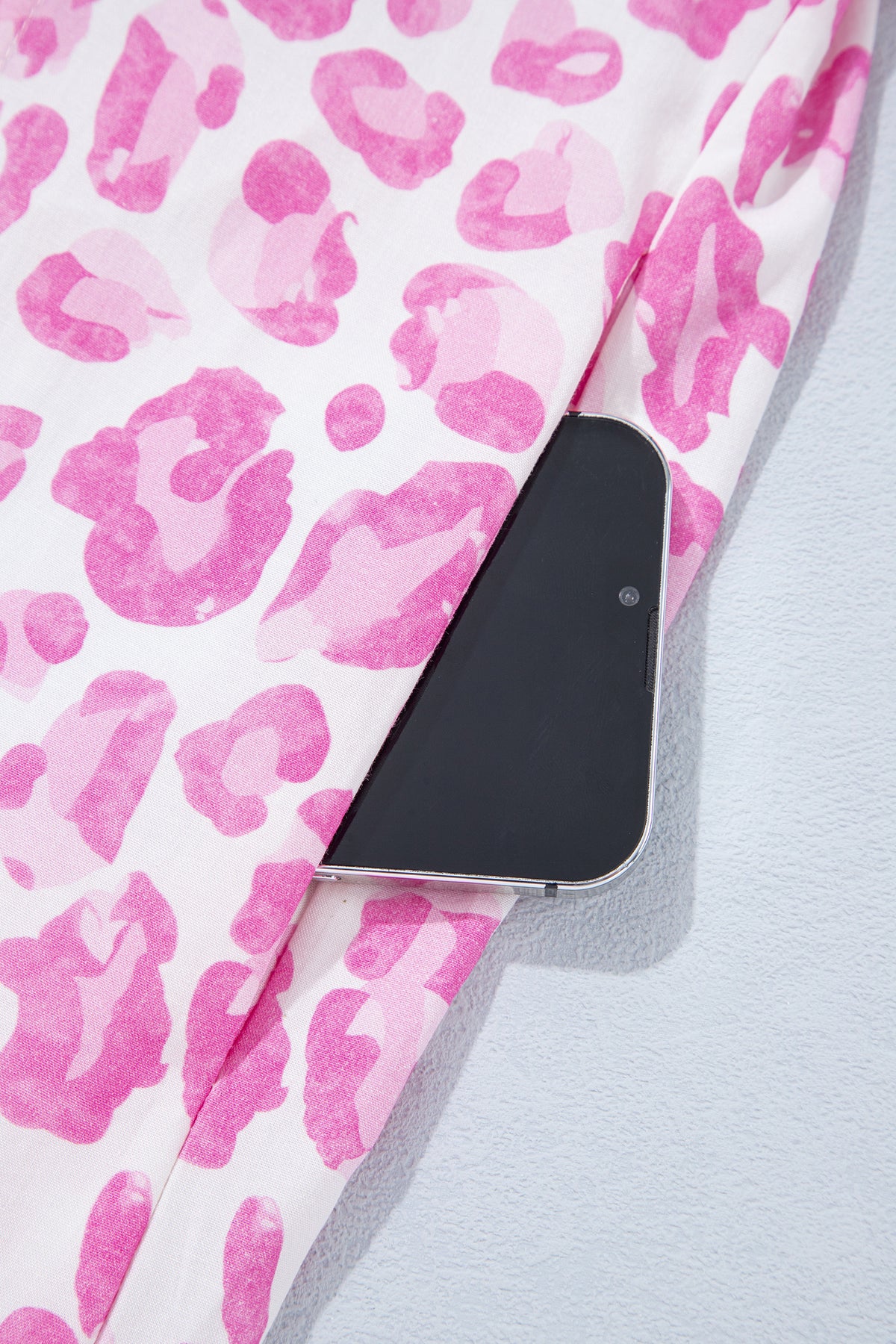 Pink Abstract Leopard Print Tie Waist Puff Sleeve Mini Shirt Dress