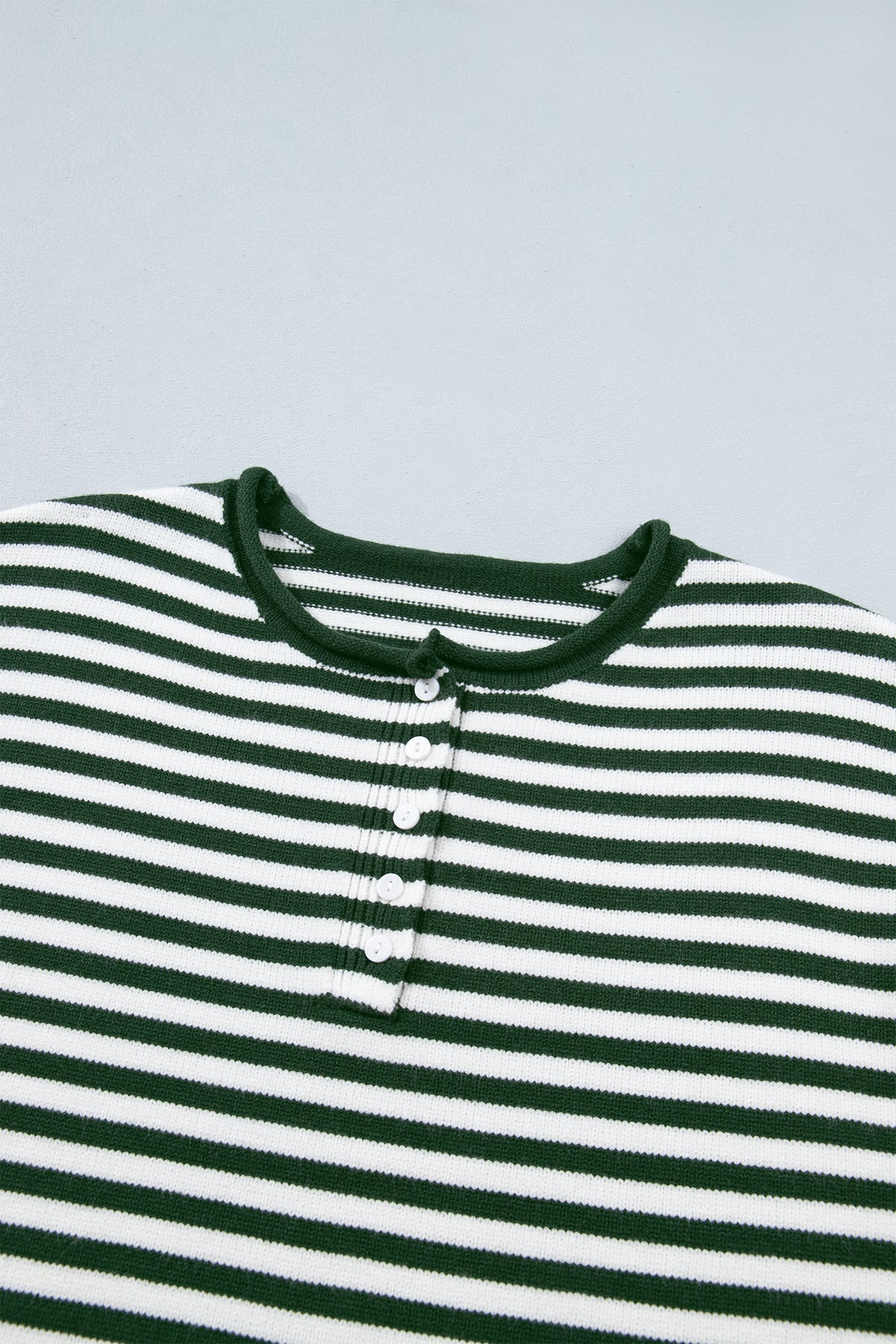 Green Stripe Striped Button Placket Drop Shoulder Long Sleeve Sweater