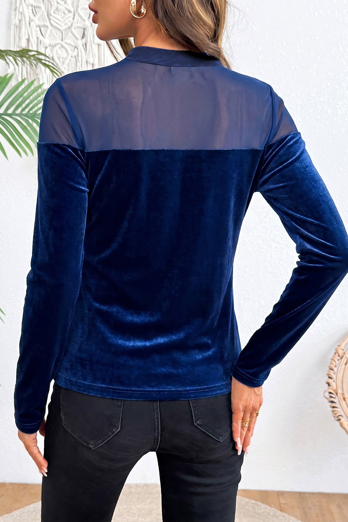 Black Velvet Long Sleeve Sheer Neck Patchwork Casual Pullover Top